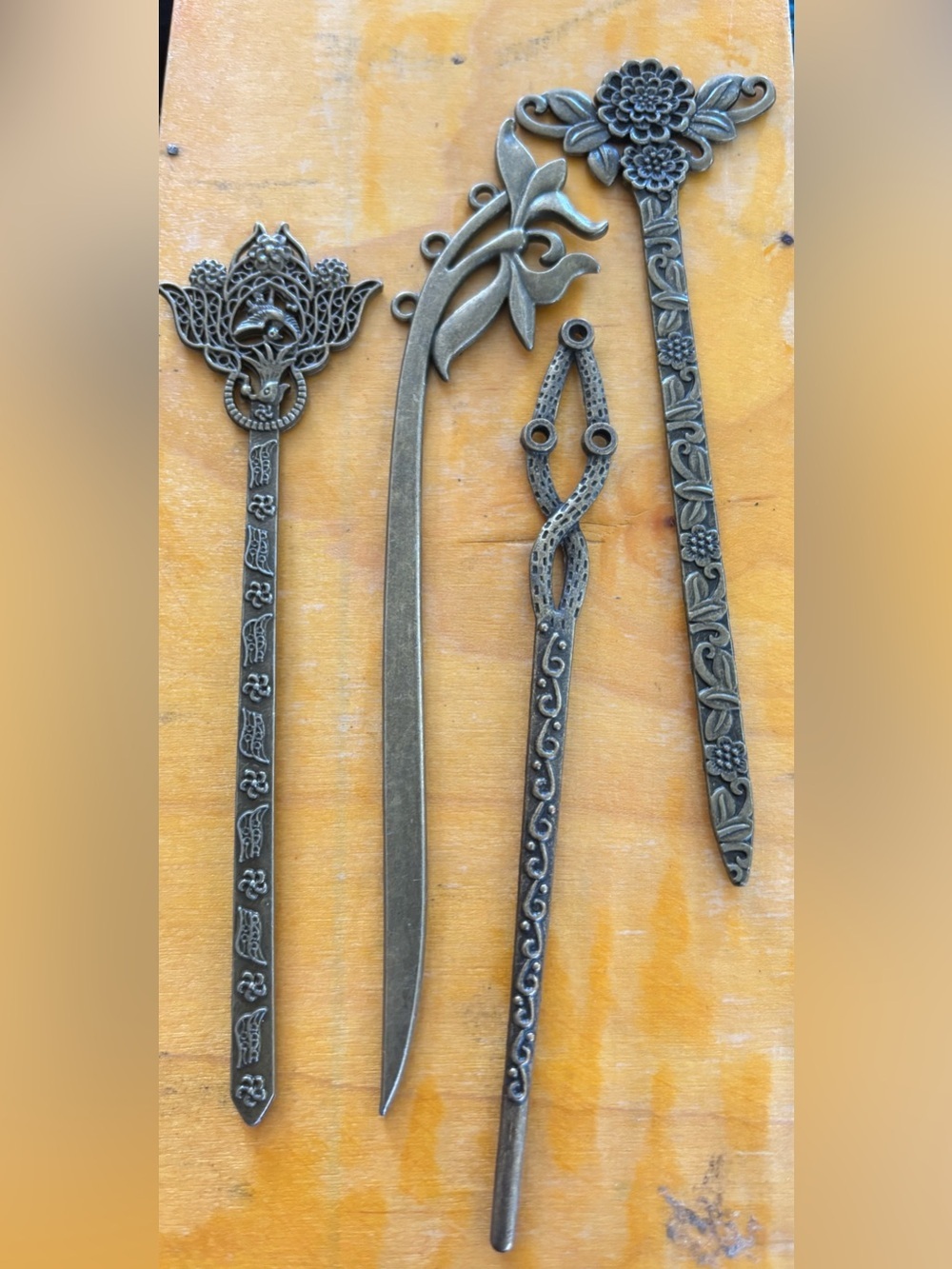 Vintage-Style Set 4 Fancy Brass Metal Hair Sticks, Floral~Bird ~Snake Design